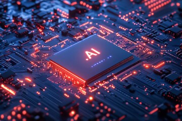 A close-up of an AI chip embedded in a glowing circuit board. The chip is prominently labelled
