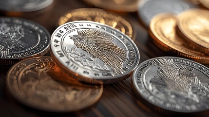 Mesmerizing close up shot of exquisite gold and silver coins highlighting their intricate patterns designs and the allure of financial prosperity and affluence