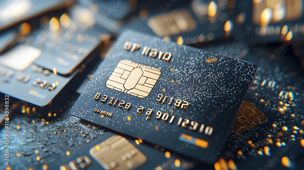 Poster macro shot of close up credit card numbers in focus with a slight blur creating an abstract financia