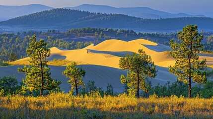 Sunrise illuminates rolling sand dunes with green pines in the foreground.