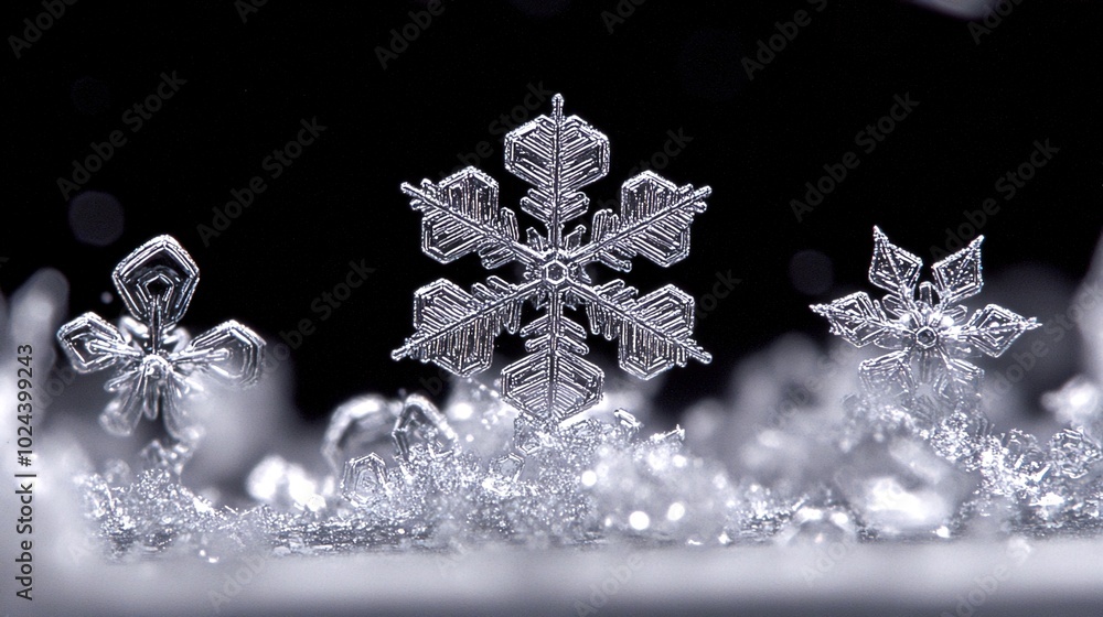 Aufkleber three intricate snowflakes with delicate crystal patterns stand out against a background of blurred 