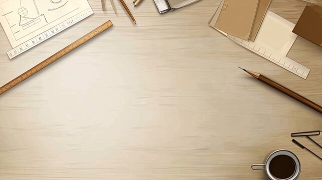 Top view of a wooden office desk with a cup of coffee, pencils, a ruler and paper.
