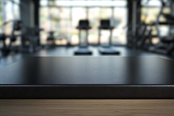  Black table top with gym background for product. Empty countertop mockup for sports nutrition or equipment. 