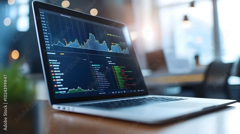 Poster financial charts graphs and analytics displayed on laptop computer screen in a clean contemporary of