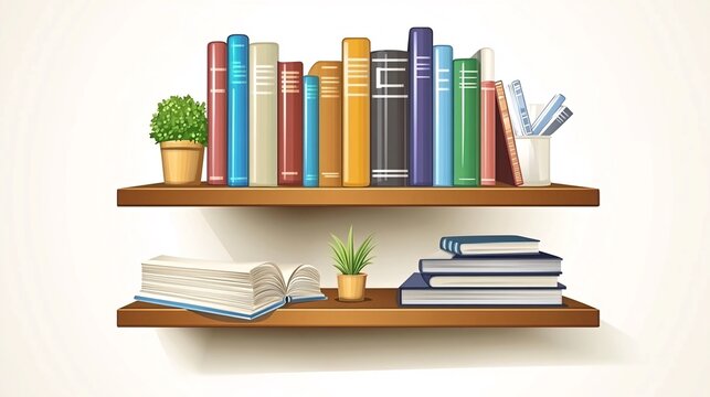 recommend clip art: Two wooden shelves with books, a potted plant, and writing utensils.