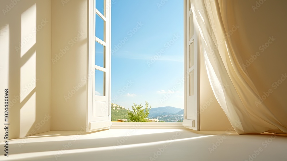 Poster romantic light through open window with scenic view