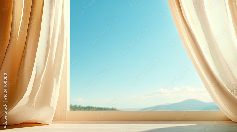 Aufkleber romantic view from an open window with soft curtains