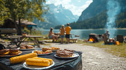 A group of people are gathered around a grill with plates of food