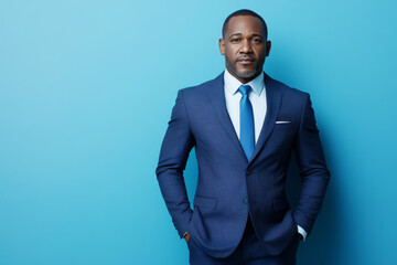 Portrait of confident black man wearing blue suit and light shirt standing against vibrant blue background