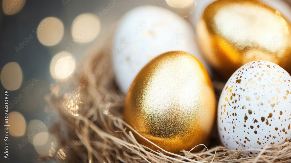 Poster golden and speckled eggs are nestled together in a straw nest, creating a warm, inviting atmosphere 