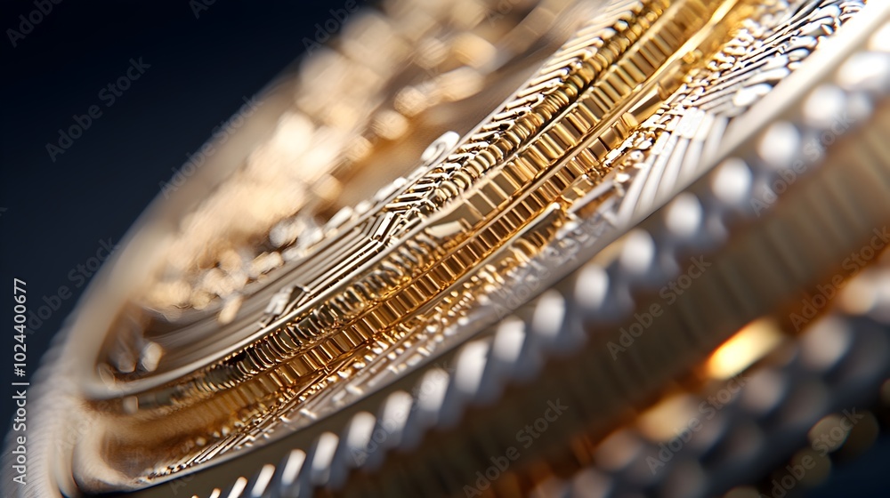 Poster close up macro shot of a cryptocurrency coin highlighting the intricate metallic texture faceted edg