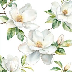 Obraz premium A floral design featuring white magnolia flowers and green leaves on a light background.