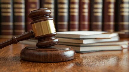 A close-up view of a wooden gavel resting on a polished surface next to a stack of legal