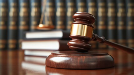 A close-up view of a wooden gavel resting on a polished surface next to a stack of legal