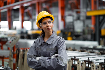 A woman wearing a yellow helmet and safety glasses stands in front of a machine. She is wearing a...