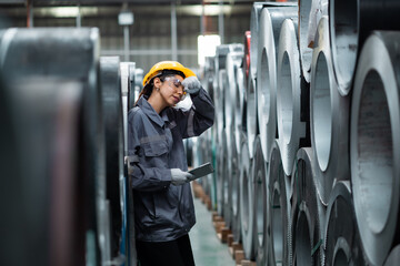 A woman wearing a hard hat and safety glasses is looking at a tablet while standing in a warehouse