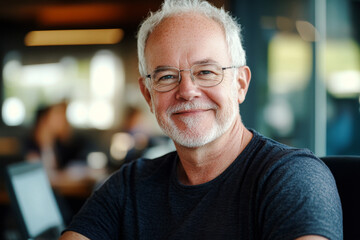 Fototapeta premium Smiling elderly man wearing glasses sitting in casual indoor setting. Confident senior businessman working in modern office. Portrait of mature corporate worker