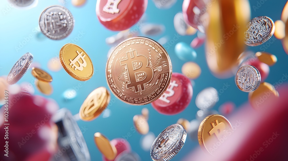 Poster 3d rendering of digital currencies including bitcoin ethereum and other cryptocurrencies floating in