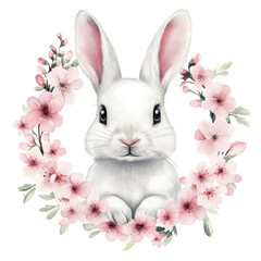 Obraz premium Adorable watercolor bunny with delicate pink blossoms Sakura flower and satin bow