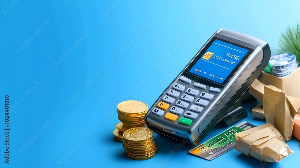 Poster close up view of a credit card and a pos point of sale terminal during a digital payment transaction