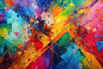 Fototapeta premium Tilted angle colorful abstract expressionism with splattered paint and geometric shapes