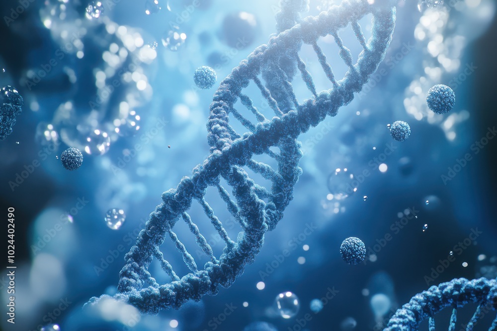 Poster a complex dna double helix structure surrounded by floating molecular spheres