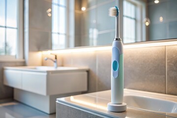 Tilted angle electric toothbrush stands in bathroom