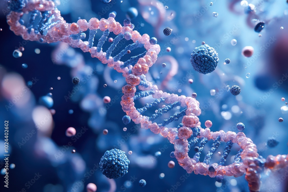 Poster a complex dna double helix structure surrounded by floating molecular spheres