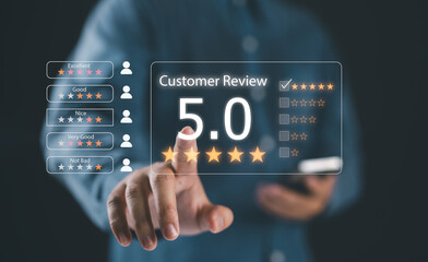 Customer review satisfaction feedback survey concept, User give good rating by five star to service...
