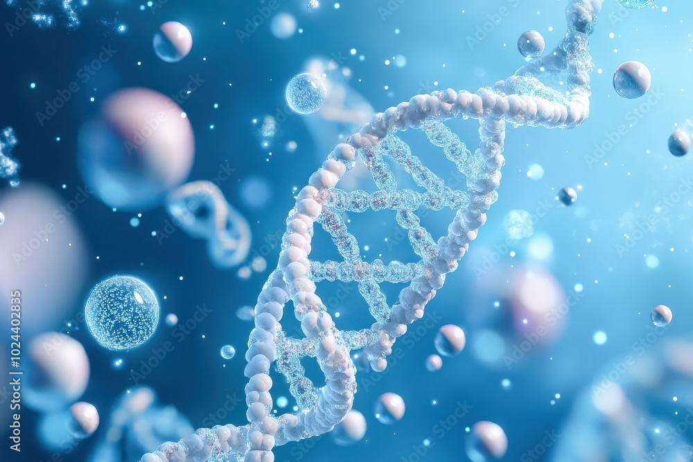 Poster a complex dna double helix structure surrounded by floating molecular spheres
