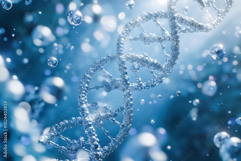 Poster a complex dna double helix structure surrounded by floating molecular spheres