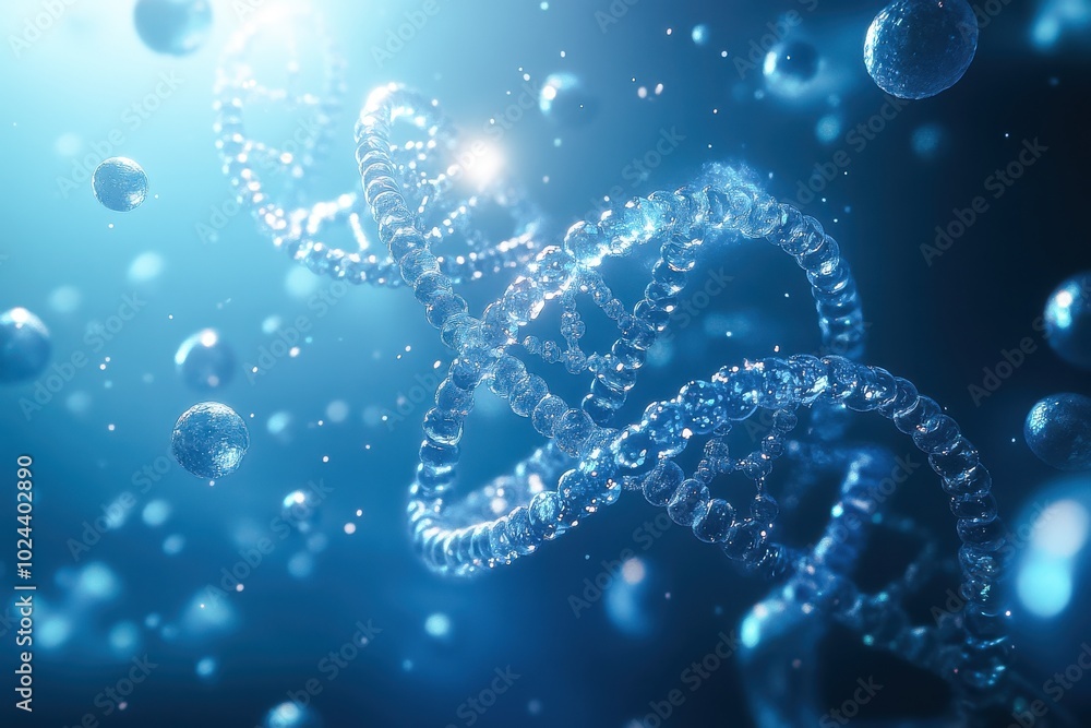 Poster a complex dna double helix structure surrounded by floating molecular spheres