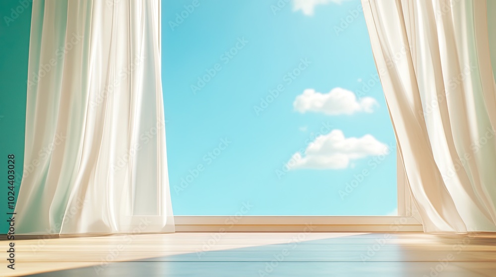 Poster bright open window with transparent curtains