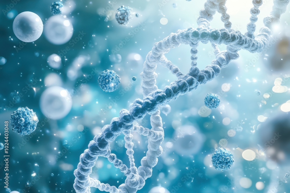 Poster a complex dna double helix structure surrounded by floating molecular spheres