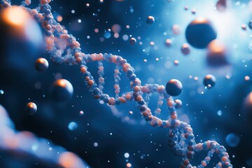 A complex DNA double helix structure surrounded by floating molecular spheres