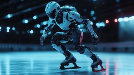A futuristic robot ice skater gliding on an illuminated rink, showcasing advanced technology.