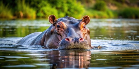 Fototapeta premium Tilted angle hippopotamus swimming and diving in river