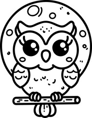 Cartoon owl perched on a full moon night, hand-drawn in line art style. Vector illustration, isolated for easy use in kid's designs, playful projects, and woodland themes.