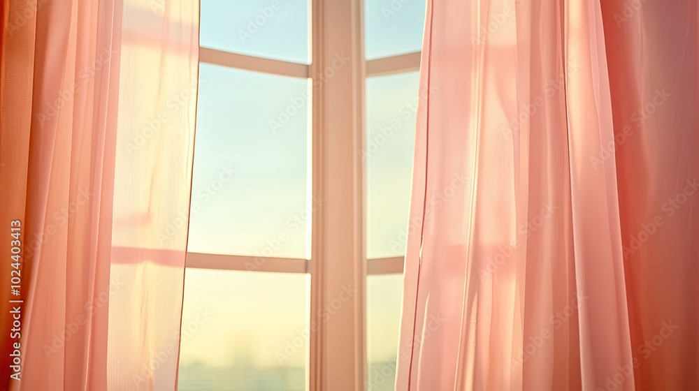 Poster light through gauzy curtains in open window