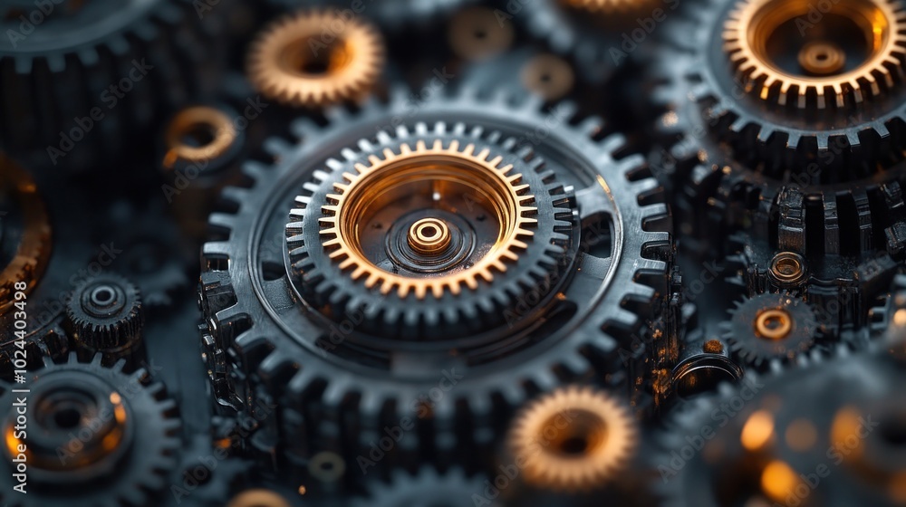 Aufkleber close-up of a complex gear system, with multiple interlocking cogs in black and gold.
