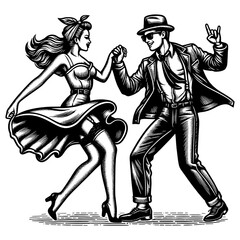 Fototapeta premium dancing couple in retro rockabilly style, energetic movement, vintage fashion, fun, rebellious vibes sketch engraving generative ai PNG illustration. Scratch board imitation. Black and white image.