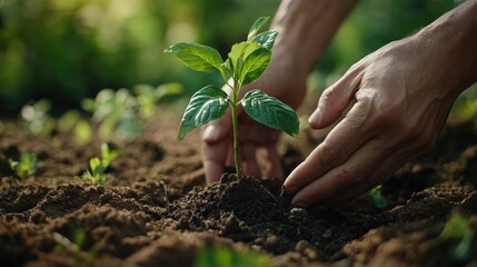 hands planting young green seedling in soil showing growth and environmental care concept
