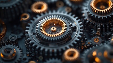Close-up of a complex gear system, with multiple interlocking cogs in black and gold.