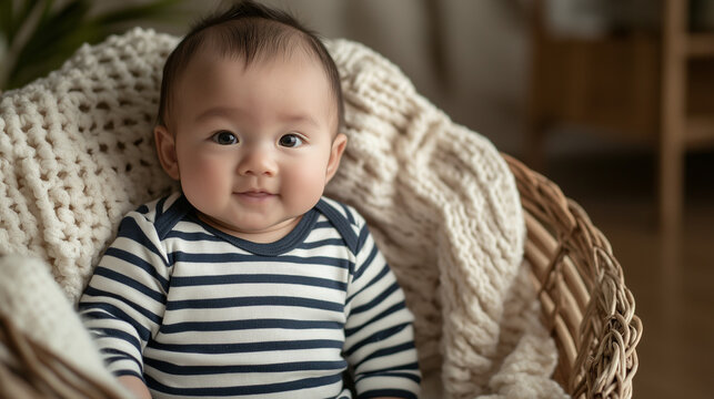 This adorable Asian baby boy beams with joy, sitting comfortably in a chair wrapped in soft, textured blankets, creating a warm home atmosphere, copy space - Powered by Adobe