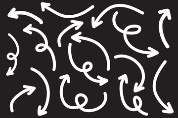 Collection hand drawn arrows. Set simple curved arrows isolated on white background. Collection of pointers. Vector illustration.