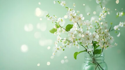 Fresh Blossoms in a Glass Jar on Soft Background