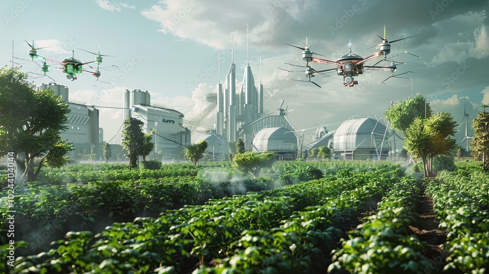 Aufkleber Advanced farming techniques are showcased as drones and sensors monitor crops and optimize practices in a modern agricultural landscape. Generative AI