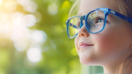 Young child wearing blue glasses focusing on distant tree outside window, symbolizing myopia prevention and importance of outdoor activities