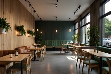 Interior of cozy restaurant. Contemporary design in loft style, modern dining place and bar counter. Modern new empty restaurant interior