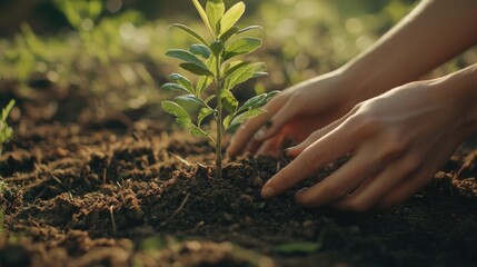 Fototapeta premium hands planting young green seedling in soil showing growth and environmental care concept